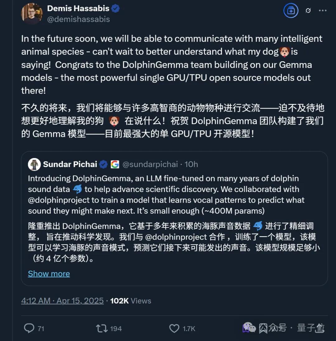 海豚語言被谷歌大模型破譯！跨物種交流大門打開，哈薩比斯：下一個是狗