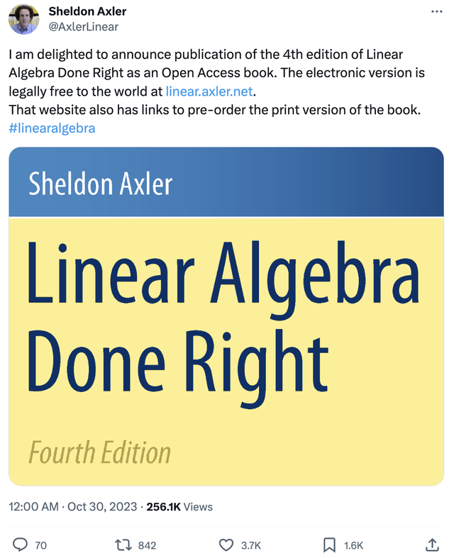豆瓣9分線代教材免費(fèi)了！斯坦福伯克利都在用，新版PDF直接下載